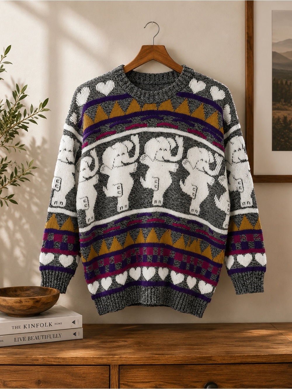 Vintage 1980s Rose Dancing Elephants Heart Geometric Knit Sweater